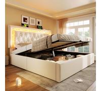 Dolamaní Letto 160 x 200 cm in velluto, letto matrimoniale con LED nella testiera, cassetta idraulica con vano portaoggetti, moderno letto per ragazzi con rete a doghe e USB, letto imbottito, senza