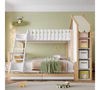 Dolamaní Letto a castello, 90 x 200 cm+140 x 200 cm, 2 cassetti sotto il letto, letto con ripiani a forma di casa sull'albero, letto a castello per 2 bambini, protezione contro le cadute (senza