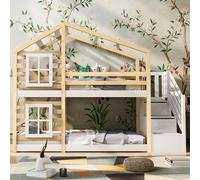 Dolamaní Letto a castello 90 x 200 cm con scala, a soppalco con cassetto e protezione dalle cadute, letto singolo per bambini, 2 reti a doghe, naturale e bianco