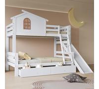 Dolamaní - Letto a castello con scivolo, casa letto, 90 x 200 cm, con finestre e scale, lettino con due cassetti, telaio in legno massiccio, bianco (90 x 200 cm e 120 x 200 cm, cassetto + scivolo)