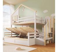 Dolamaní Letto a castello per 2 bambini, 90 x 200 cm+140 x 200 cm, letto a soppalco con spazio idraulico, tetto e finestra, protezione dalle cadute, letto in legno, senza materasso (bianco + naturale