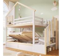 Dolamaní Letto a castello per 2 bambini, 90 x 200 cm + 90 x 200 cm, letto a soppalco con spazio idraulico, tetto e finestra, protezione dalle cadute, letto in legno, senza materasso (bianco + naturale