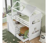 Dolamaní Letto a castello per 2 bambini, 90 x 200 cm, letto per fratelli con scale e cassetti e mensole, extra grande, legno di pino (bianco)