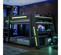Dolamaní Letto a castello per 2 persone, 140 x 200 cm, in legno con scrivania, 2 ripiani, porta USB e illuminazione a LED, letto a soppalco per bambini, ragazzi e adulti, senza materasso (nero+verde)
