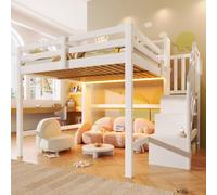 Dolamaní Letto a soppalco 140 x 200 cm con LED e grande spazio sotto il letto, culla con scaletta e vano portaoggetti aperto, letto in legno di pino, protezione contro le cadute dei bambini, senza