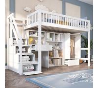 Dolamaní Letto a soppalco 90 x 200 cm, bianco con scrivania e armadietto per bambini e ragazzi, sicurezza per culla con protezione anti-caduta, letto con spazio di archiviazione, scale a sinistra e a