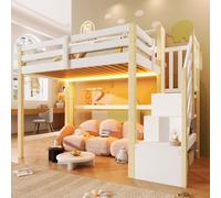Dolamaní Letto a soppalco 90 x 200 cm con LED e grande spazio sotto il letto, lettino con scaletta e vano portaoggetti aperto, letto in legno di pino, protezione contro le cadute dei bambini, senza