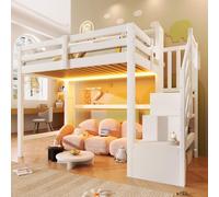 Dolamaní Letto a soppalco 90 x 200 cm con LED e grande spazio sotto il letto, lettino con scaletta e vano portaoggetti aperto, letto in legno di pino, protezione contro le cadute dei bambini, senza