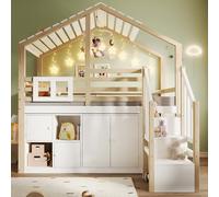 Dolamaní Letto a soppalco 90 x 200 cm, con protezione anti-caduta e scala di sicurezza, spazio multifunzionale sotto il letto, lettino, telaio del letto, senza materasso (bianco + naturale)