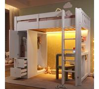 Dolamaní Letto a soppalco 90 x 200 cm, con scrivania, molto spazio di archiviazione, 4 cassetti e armadietto, armadio aperto, lettino per bambini con protezione anti-caduta e luce LED e USB (senza