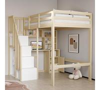 Dolamaní Letto a soppalco 90 x 200 cm con spazio di archiviazione, tavolo da lavoro con ripiani e armadi, scala di sicurezza, letto singolo, letto per ragazzi, letto in legno di pino, colore legno