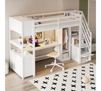 Dolamaní Letto a soppalco 90 x 200 cm, in legno con grande scrivania e armadio, scomparto per il letto, scale con vano portaoggetti, letto a castello con strisce luminose a LED, senza materasso
