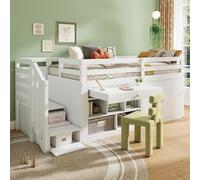 Dolamaní Letto a soppalco basso per bambini, 90 x 200 cm, con cassetti, reversibile e utilizzabile come scrivania, culla in legno con scale e spazio di archiviazione (bianco D)