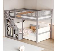 Dolamaní Letto a soppalco in legno massello 140 x 200 cm con scala, lettino in legno di pino con elevata protezione contro le rughe, grande spazio sotto il letto, grigio