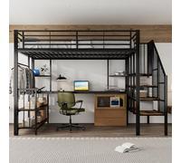 Dolamaní Letto a soppalco in metallo, 120 x 200 cm, con scrivania e scale, posto sotto il letto con ripiani e porta di ricarica, ferro + MDF, per bambini e ragazzi, nero (senza materasso) (B)