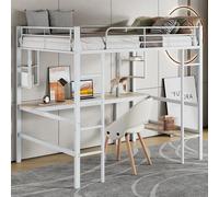 Dolamaní Letto a soppalco in metallo, 90 x 200 cm, per bambini, ragazzi e adulti, letto a castello con scrivania e scaffale, protezione dalle cadute, design sicuro, bianco