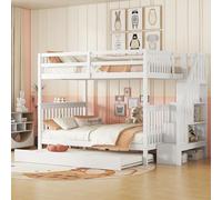 Dolamaní Letto a soppalco per bambini, 140 x 200 cm, letto a castello per 3 persone, culla con scale, protezione contro le cadute, letto estraibile sotto il letto, scomparti laterali, bianco