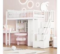 Dolamaní Letto a soppalco per bambini con scrivania e armadietto, 90 x 200 cm, protezione per culla e spazio di archiviazione, scale, cassetti e mensole, letto singolo in legno massiccio, bianco
