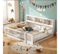 Dolamaní Letto da pavimento per bambini con altezza di 50 cm, 140x200 cm, protezione contro le cadute e porta, lato inferiore del letto, con vano portaoggetti, in legno di pino, letto con rete a doghe