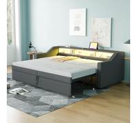 Dolamaní Letto giornaliero 90/180x200 cm con letto estraibile, stessa altezza, allungabile, divano letto con luce LED e presa USB per adulti 2 persone, lino (grigio scuro)