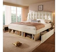 Dolamaní Letto imbottito 140 x 200 cm, in velluto con testiera curva regolabile in altezza, letto matrimoniale, letto con cassetti e rete a doghe, per ragazzi, senza materasso (beige)