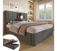 Dolamaní Letto in lino, 90 x 200 cm, singolo, con portabicchieri nascosti e USB nella testiera, spazio idraulico, moderno letto per ragazzi con rete a doghe, letto imbottito, senza materasso (grigio A