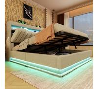 Dolamaní Letto matrimoniale 160 x 200 cm con vano portaoggetti, letto con USB e LED, connettori di tipo C, letto idraulico, struttura del letto con rete a doghe, lino (beige)