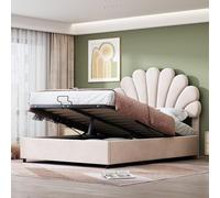 Dolamaní Letto matrimoniale per adolescenti/ragazza, 140 x 200 cm, testa regolabile a fiori, rete in legno, contenitore idraulico, velluto beige