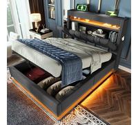 Dolamaní Letto singolo 90 x 200 cm con vano portaoggetti, letto con USB e LED, connettori di tipo C, letto idraulico, struttura del letto con rete a doghe, lino (grigio)