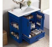 Dolamaní Set di mobili da bagno, 76 x 46 x 78,5 cm, lavabo con mobiletto, lavabo in ceramica con 2 ante e 1 cassetto scorrevole silenzioso, mensole su entrambi i lati (blu)