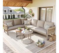 Dolamaní Set di mobili da giardino per 5-6 persone, in metallo, con divano da giardino a forma di L e tavolo, inclusi tutti i cuscini per seduta e schienale per balcone, giardino, terrazza (beige)