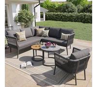 Dolamaní Set di mobili da giardino per 5-6 persone, in metallo e rattan sintetico, per esterni, con divano da giardino a forma di L, tavolo e poltrona, inclusi tutti i cuscini per seduta e schienale