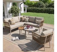 Dolamaní Set di mobili da giardino per 5-6 persone, in metallo e rattan sintetico, per esterni, con divano da giardino a forma di L, tavolo e poltrona, inclusi tutti i cuscini per seduta e schienale