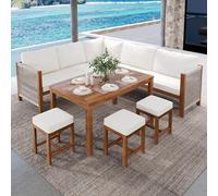 Dolamaní Set di mobili da giardino per 7-8 persone, divano ad angolo, polyrattan, set da balcone, tavolo e sedia, 3 sgabelli e 1 tavolo, mobili da terrazza con cuscino, in acacia (beige)