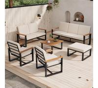 Dolamaní Set di mobili lounge per 7-8 persone, set di mobili lounge - 1 divano a 3 posti, 1 divano a 2 posti, 2 divani a 1 posto, tavolino e poggiapiedi, piano in legno di acacia (beige)