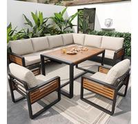 Dolamaní Set lounge da giardino per 8 persone, set di mobili ad angolo con 2 poltrone, divano da giardino con tavolo da pranzo in legno massiccio, gambe regolabili, tutti i cuscini per seduta e