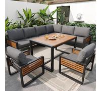 Dolamaní Set lounge da giardino per 8 persone, set di mobili ad angolo con 2 poltrone, divano da giardino con tavolo da pranzo in legno massiccio, gambe regolabili, tutti i cuscini per seduta e