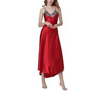 Dolamen Camicia da Notte Donna, morbida Pizzo Pigiama Pigiami in Raso, Luxury della biancheria della cinghia di spaghetti Babydoll Chemise Lungo Camicia da notte (Large, Rosso)