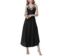 Dolamen Camicia da Notte Donna, morbida Pizzo Pigiama Pigiami in Raso, Luxury della biancheria della cinghia di spaghetti Babydoll Chemise Lungo Camicia da notte (Large, Nero)