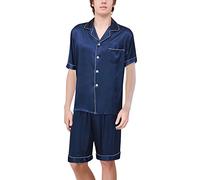 Dolamen Coppie Pigiama per Uomo Raso, Uomo Corto Primavera Estate Pigiama da Notte, Uomo Pigiama Controllare Bottoni Camicia Collare con Pocket (XXX-Large, Blu)