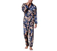 Dolamen Coppie Pigiama per Uomo Raso, Uomo Lunga Stampa Retro Primavera Estate Pigiama da Notte, Uomo Pigiama Controllare Bottoni Camicia Collare con Pocket (Large, Blu)