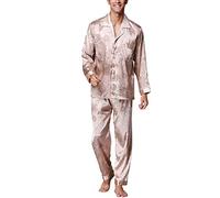 Dolamen Uomo Pajamas Set raso, morbidezza serica primavera-estate Retro stampa Pigiama biancheria da notte, a maniche lunghe e pantaloni XXL Oro