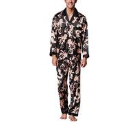 Dolamen Uomo Pajamas Set raso, morbidezza serica primavera-estate Retro stampa Pigiama biancheria da notte, a maniche lunghe e pantaloni Grande Nero
