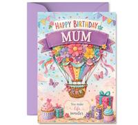 Dolce biglietto di compleanno per mamma, You Make Life Sweeter | Design stravagante con mongolfiera e cupcake, colori pastello per una festa gioiosa, formato A5, busta inclusa