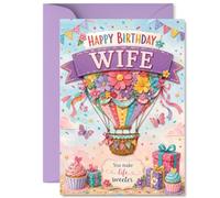 Dolce biglietto di compleanno per moglie, You Make Life Sweeter | Mongolfiera stravagante e cupcake in colori pastello, formato A5, busta inclusa