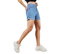 Dolce Crudo Pantaloncini da donna a vita alta, sopra il ginocchio, elasticizzati, in denim, Blu pavone, XL