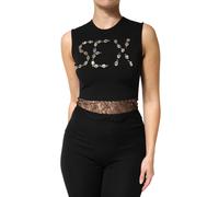 Dolce & Gabbana Black Jersey Lace Ruching Rhinestone Tank Top - IT48|XXL