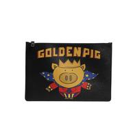 Dolce & Gabbana Black Leather Golden Pig Print Men Clutch Pouch Borse Bag