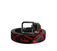 Dolce & Gabbana Black Red Leopard Silver Metal Buckle Belt - 110 cm / 44 Inches