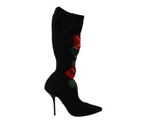 Dolce & Gabbana Black Stretch Socks Red Roses Booties Shoes - EU36/US5.5